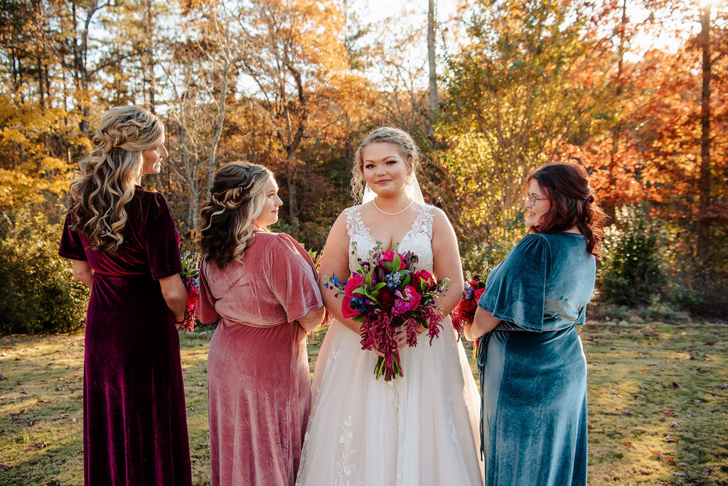 Fall bridesmaid dresses at Georgia farm wedding venue