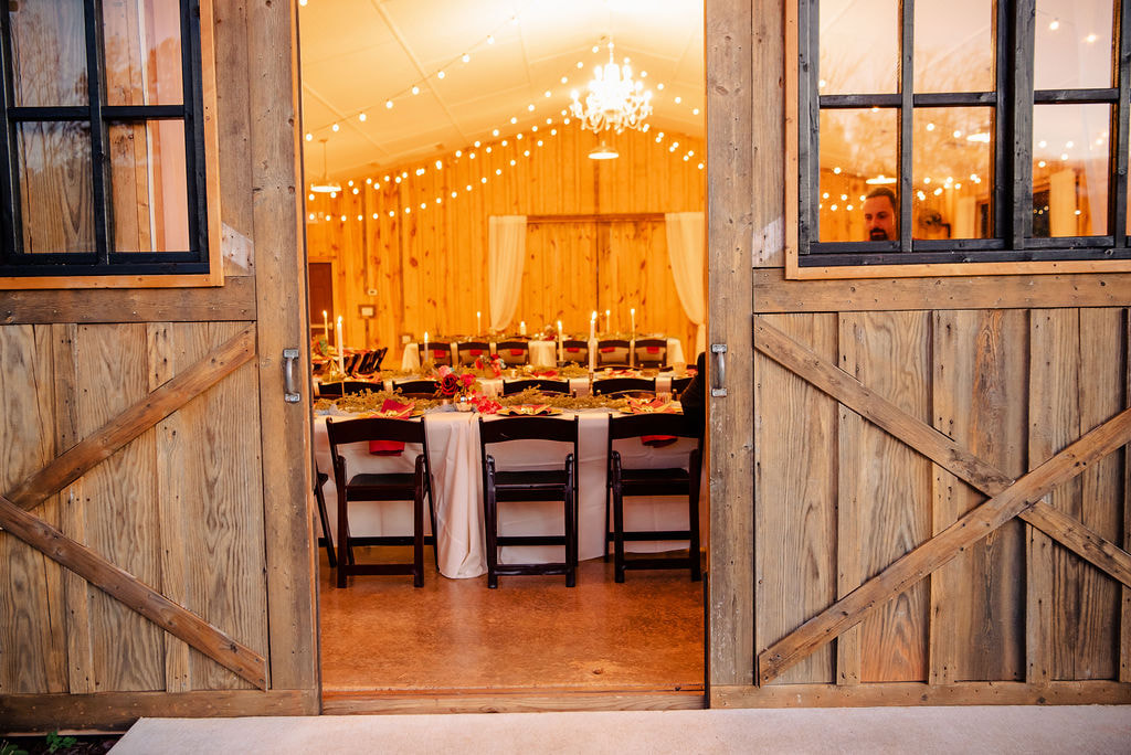View into barn reception at Georgia farm wedding venue