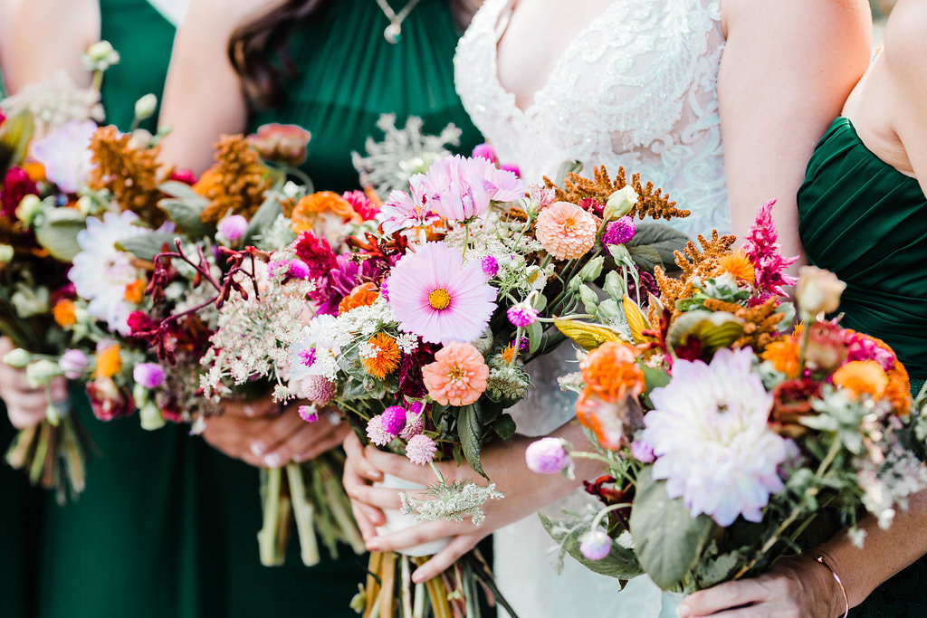 Colorful bouquets for Whimsical style at farm wedding venue in North Georgia